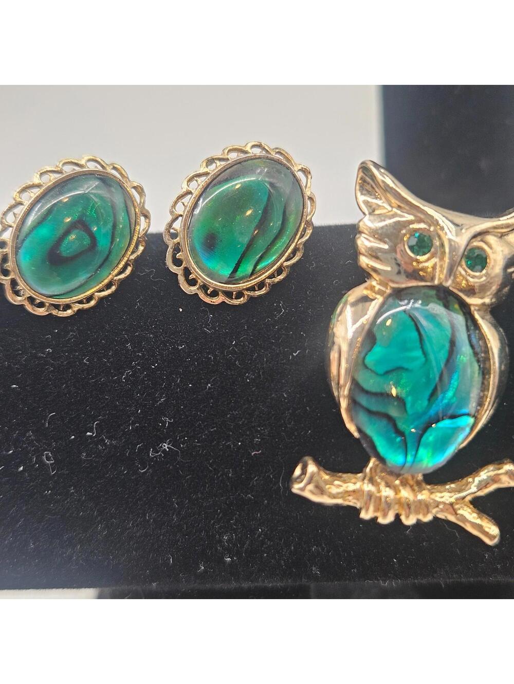 Vintage Abalone Owl Brooch and Earrings Set Gold Tone